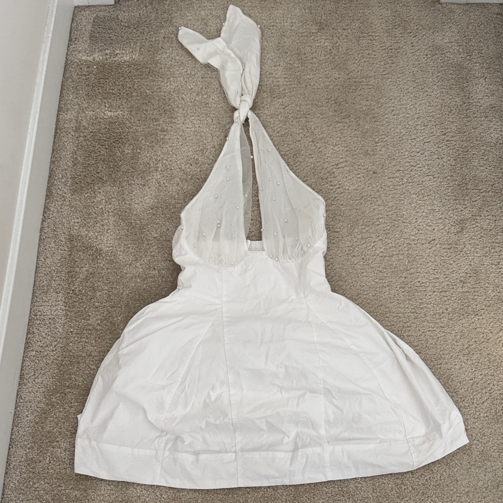 BHLDN White Backless Halter Mini Dress with Sheer Beaded Bodice